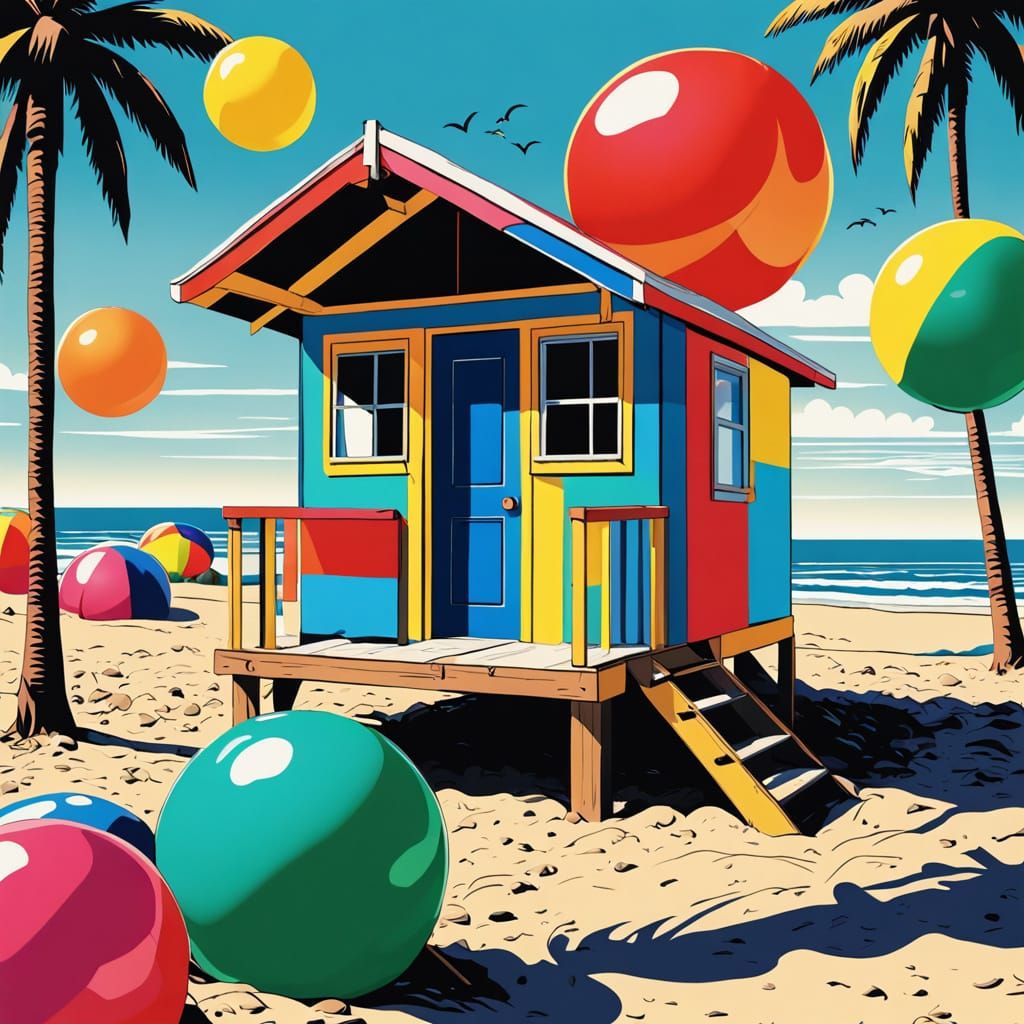 Vibrant Beach Hut Scene in Pop Art Style