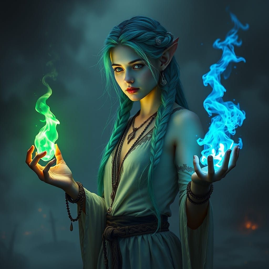 Mystical Elven Woman Amidst a Post-Apocalyptic Landscape in...