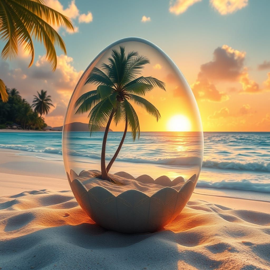 Surrealist Tropical Oasis in Whimsical Crystal Egg