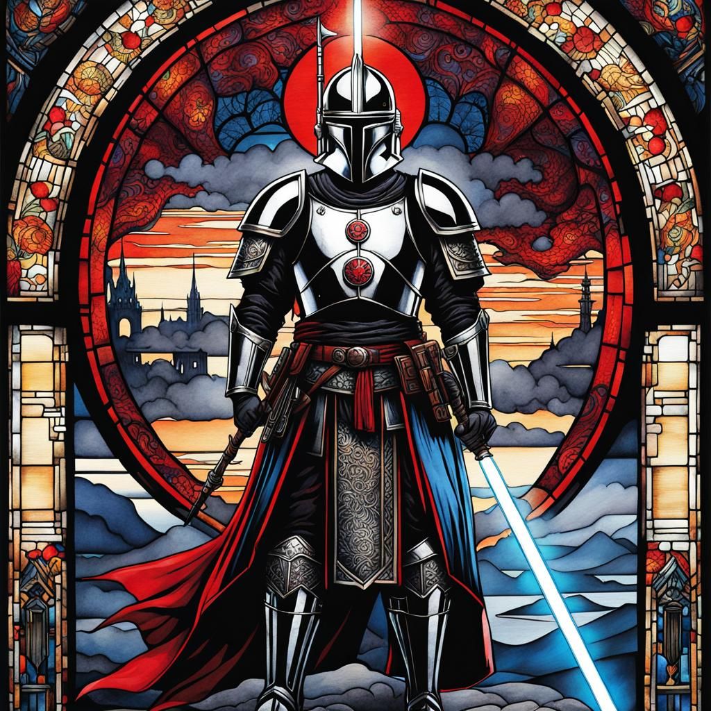 Medieval Knight with Lightsaber in Cyberpunk Style