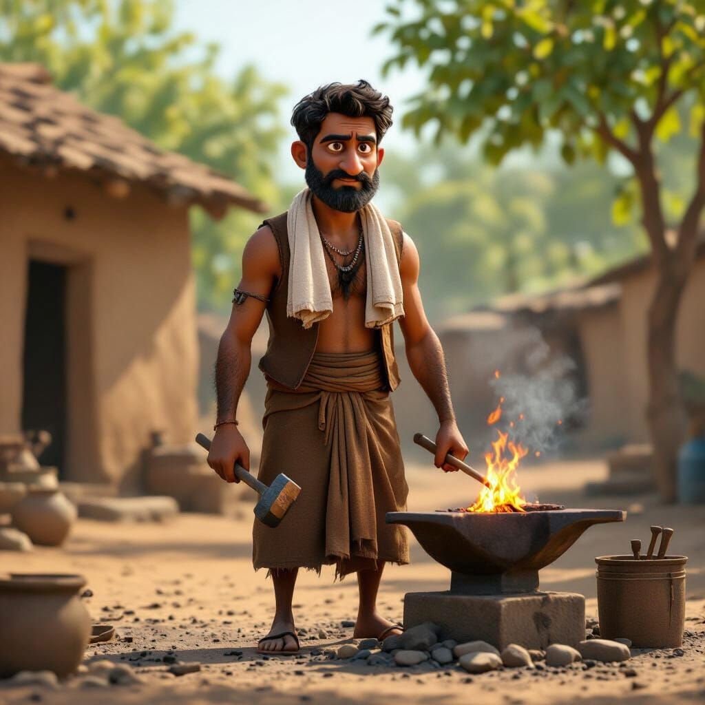 Indian Village Blacksmith in Pixar Cartoon Style