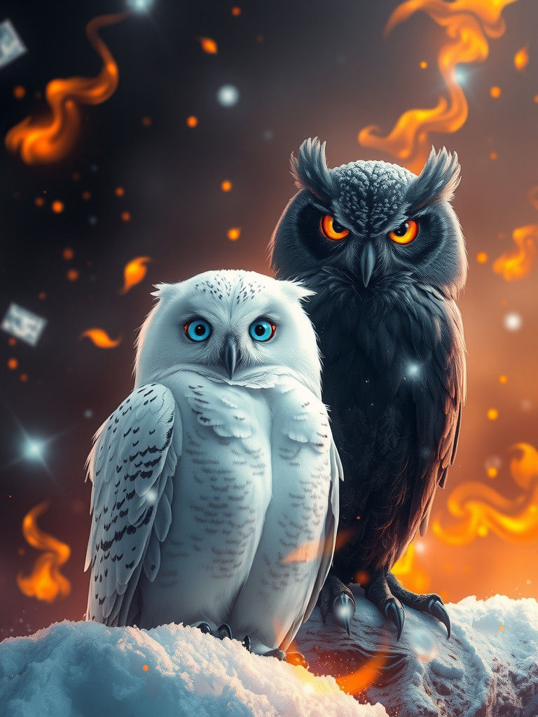 Snow Owl and Black Owl in Elemental Harmony