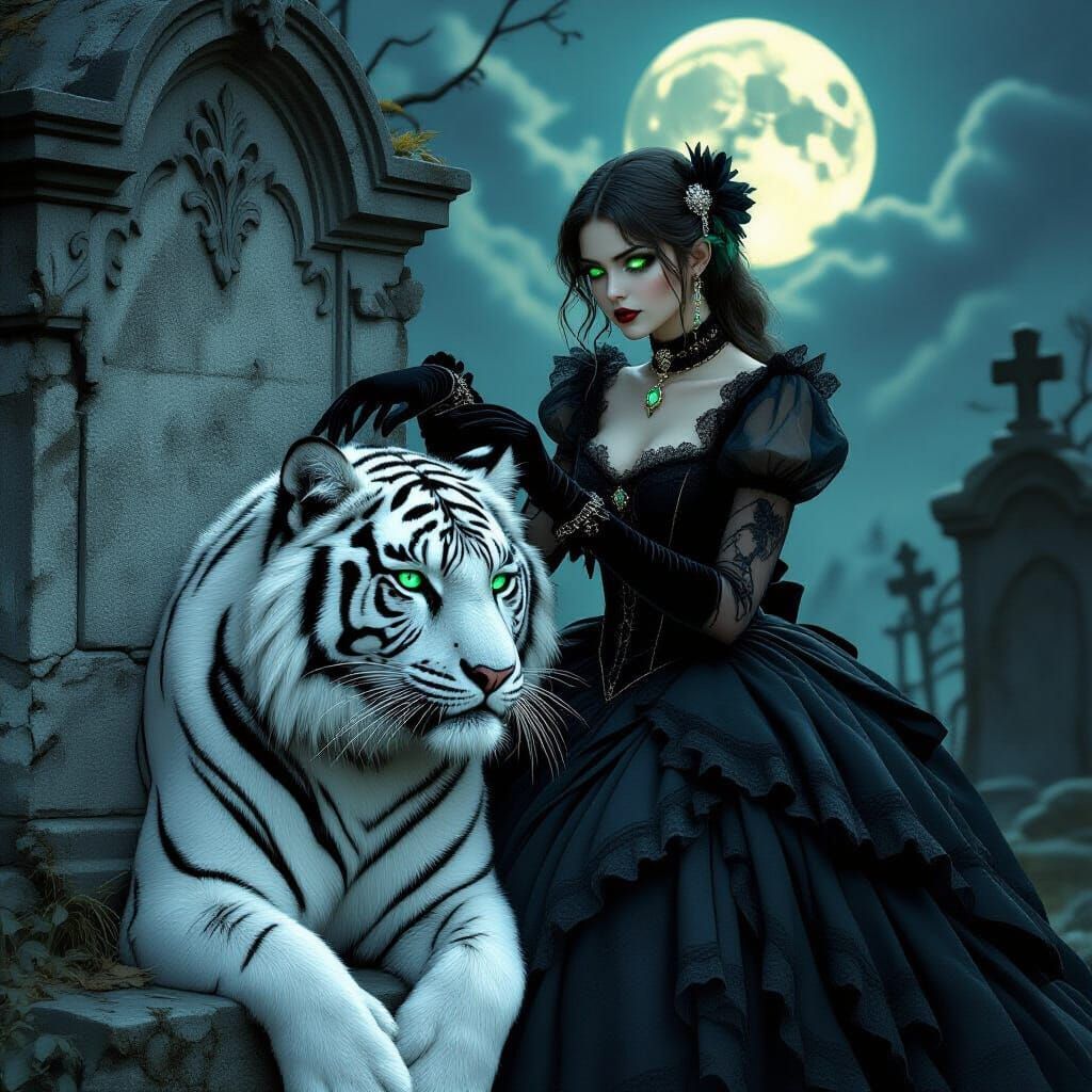 Gothic Girl with Tiger in Moonlit Graveyard