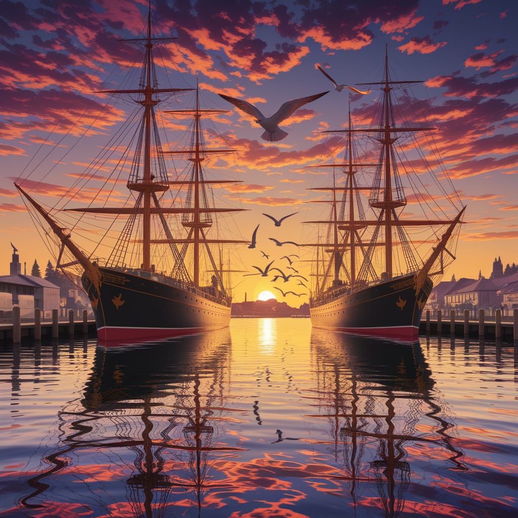 San Diego Harbor Sunset Scene in Vibrant Matte Painting