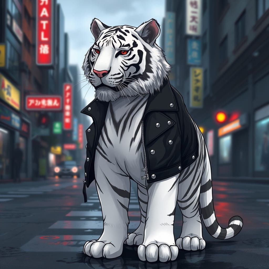 Anime-Inspired White Tiger in Black Leather Jacket