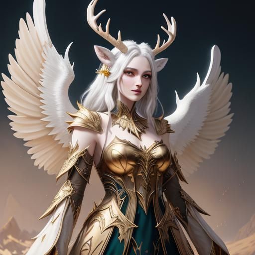 Glowing Winged Deer-Girl with Gold Details