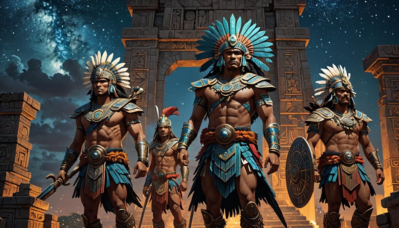 Aztec Warriors at Kukulcán Temple Under Cosmic Sky