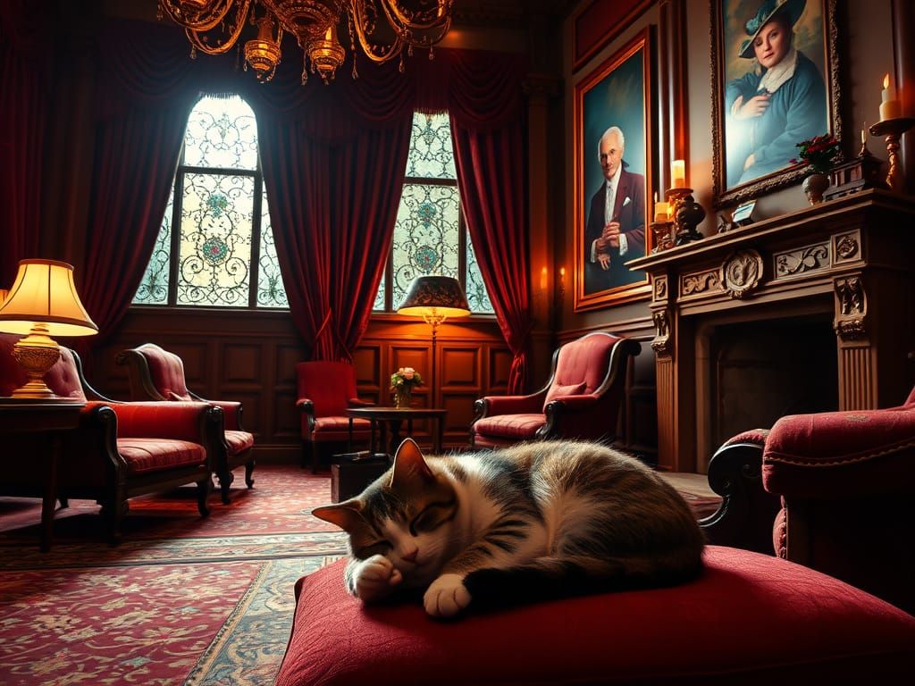 Victorian Parlor with Sleeping Cat