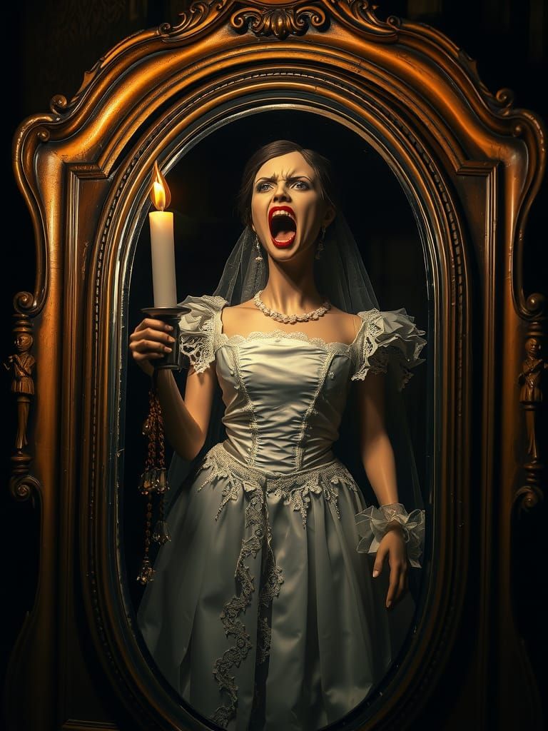 Mannequin Bride Emerges from Mirror in Hyperrealistic Style