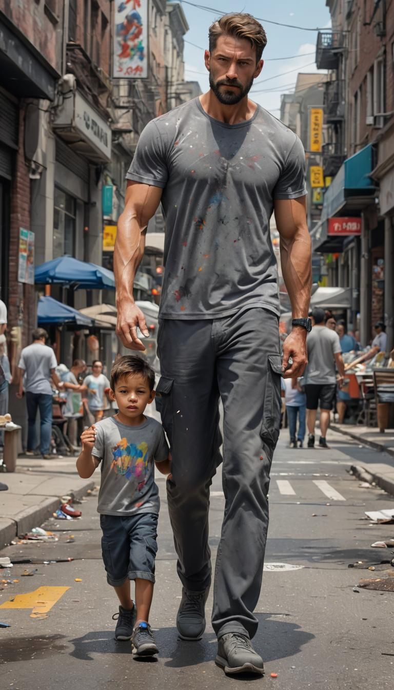 Man and Son Walking in Town: Hyperrealistic Art