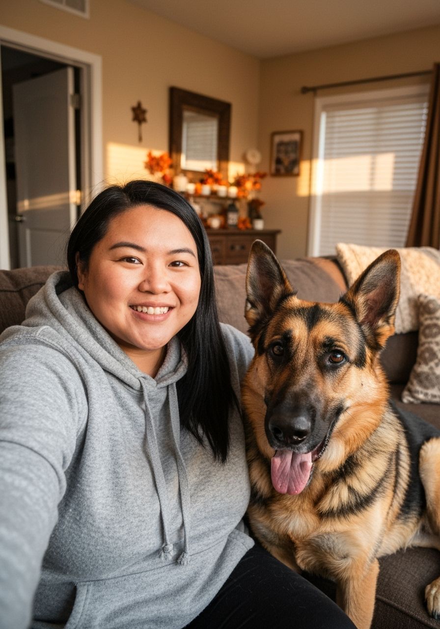 Plus-Size Woman and German Shepherd Selfie