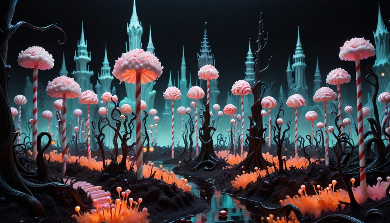Eerie Candy Kingdom at Night: Surreal Gothic Art