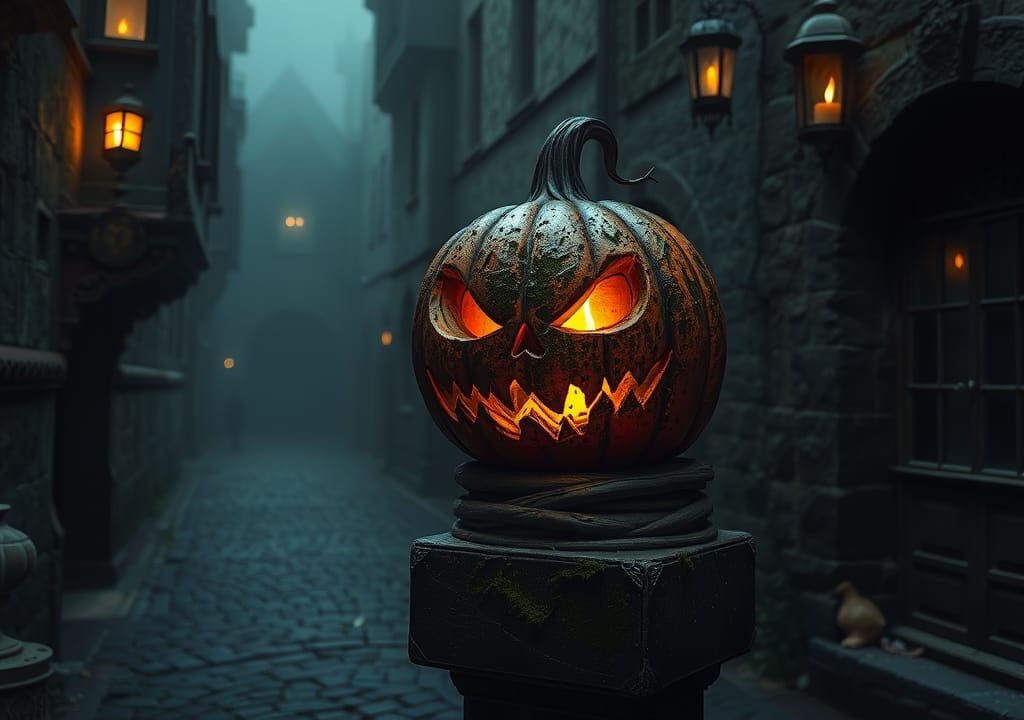 Macabre Jack-o-Lantern in Gothic Alleyway