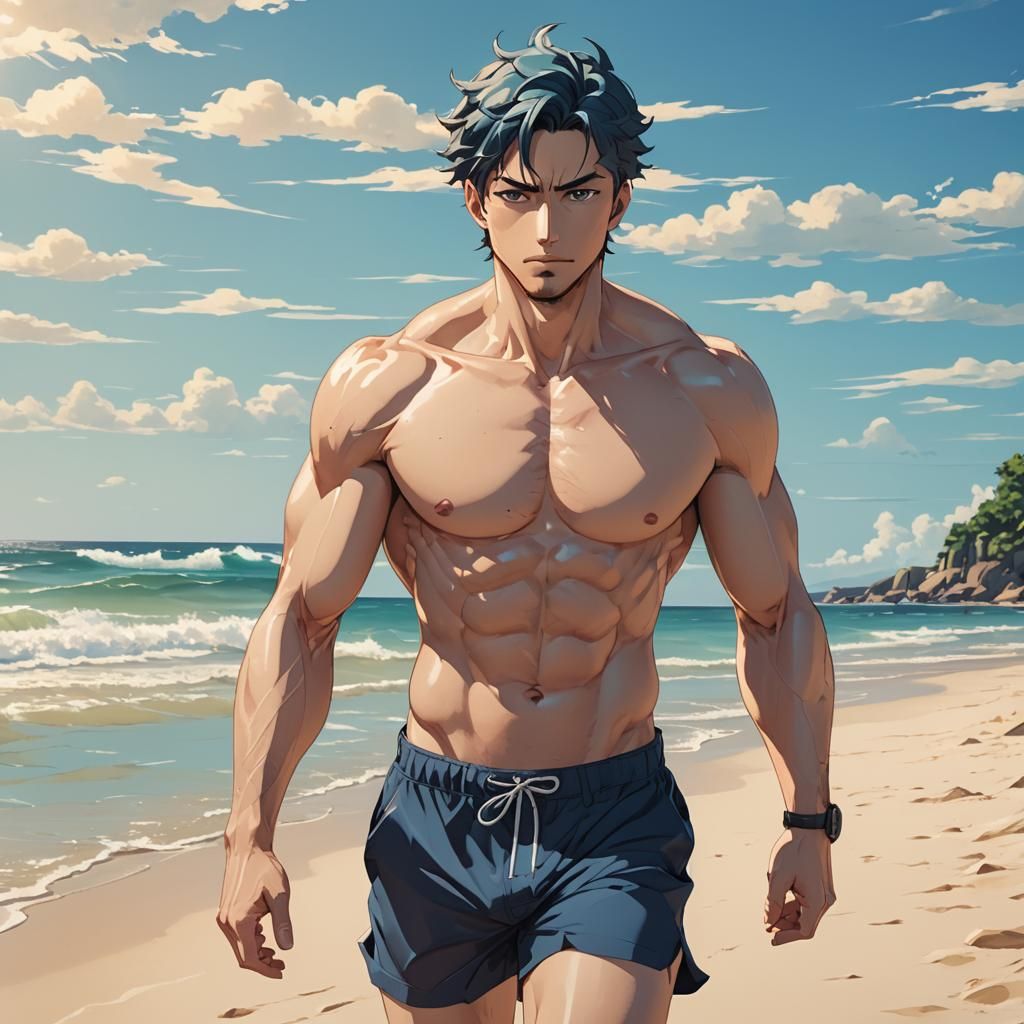 Handsome Man on Beach in Anime Style
