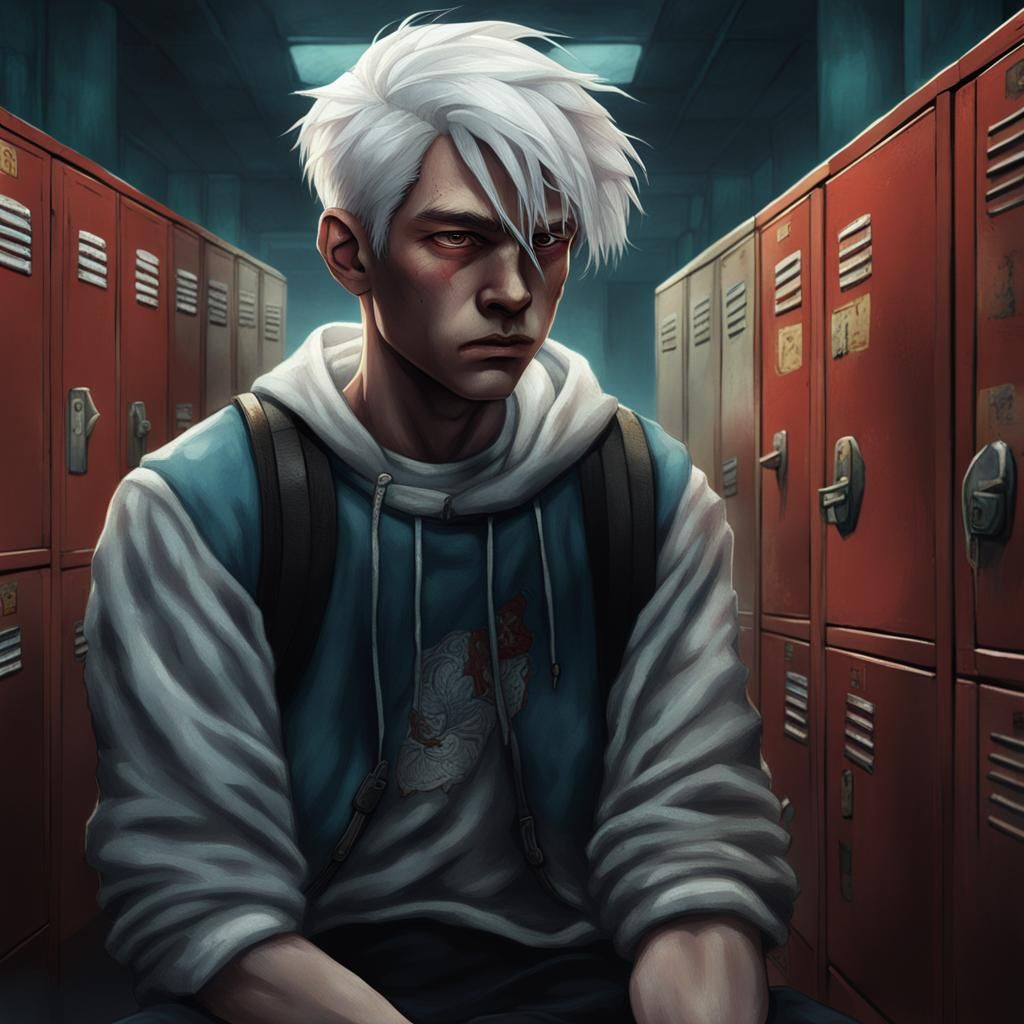 Boy with Scar Leaning on Lockers