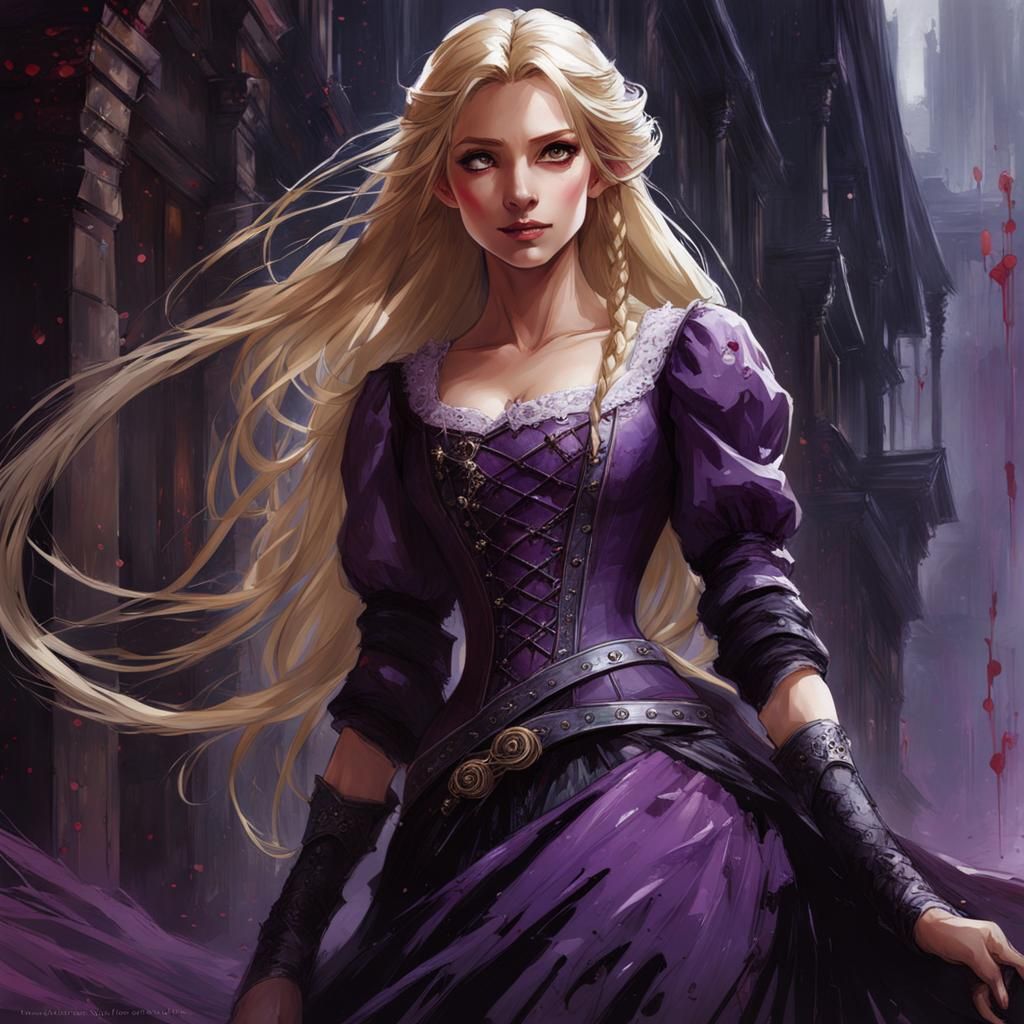 Dark Rapunzel in Rainy Scene, Digital Art