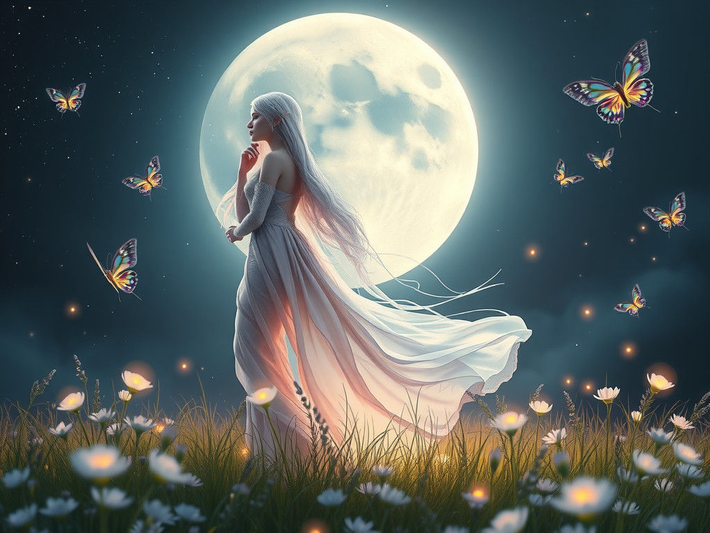 Elfish Woman in Moonlit Meadow: Fantasy Concept Art