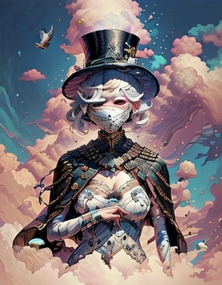 Surreal Lady in Top Hat, Surround by Whimsical Elements