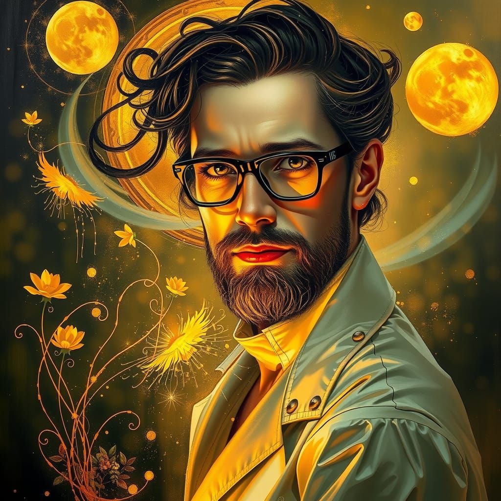 Golden Scientist in a Dreamlike Garden