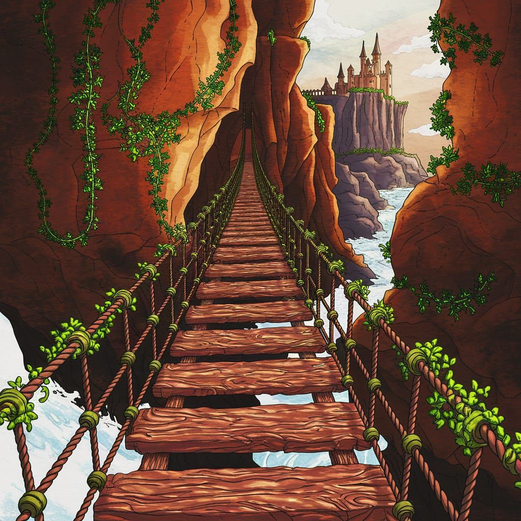 Narrow Rope Bridge Over Raging River in Vibrant Alcohol Ink ...