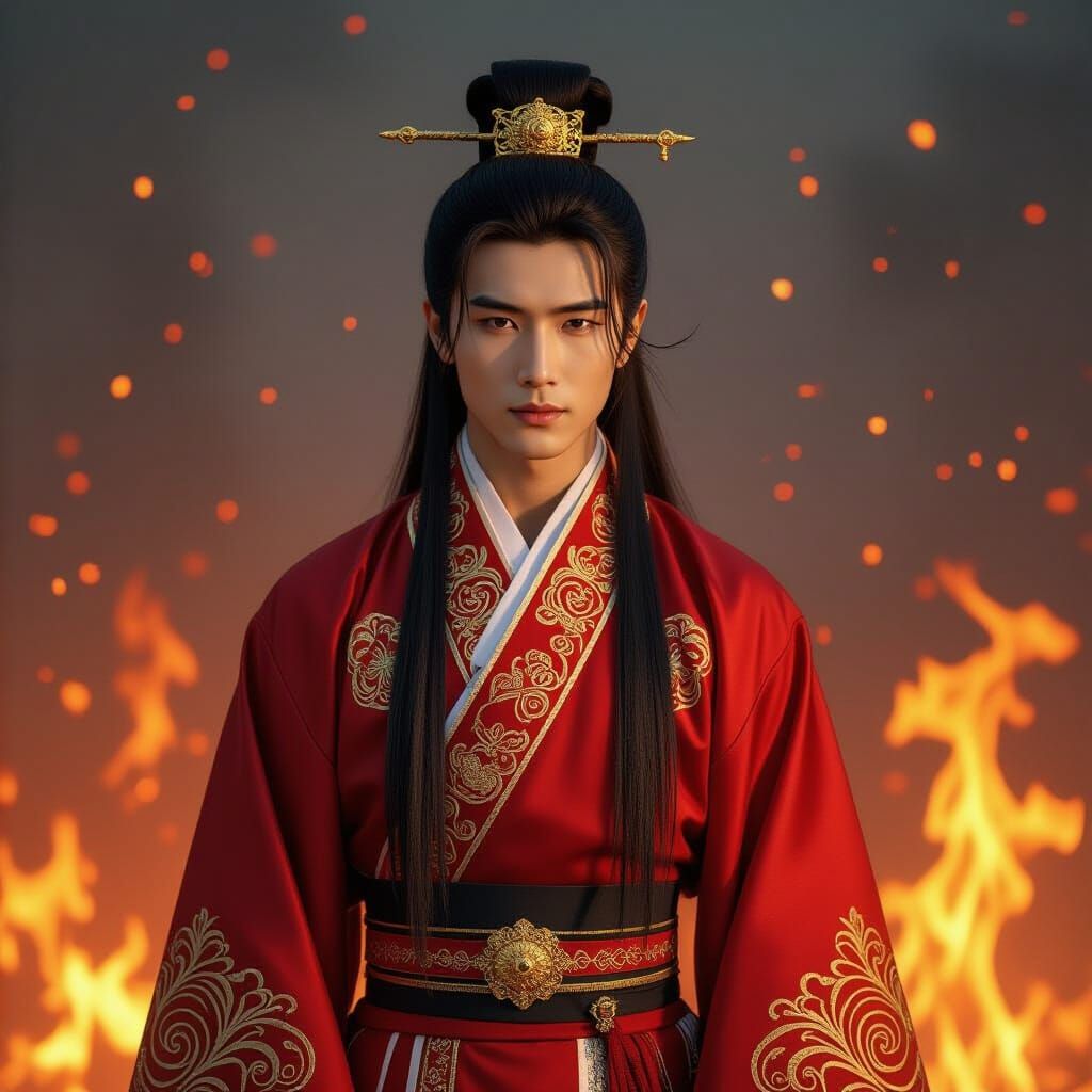 Chinese Man in Fiery Inferno, Inspired by Loish