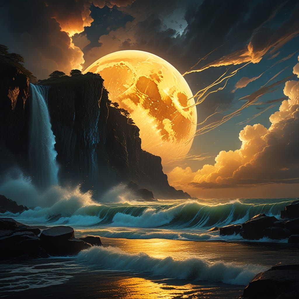 Golden Moon Over Stormy Ocean, Stardust Waterfall