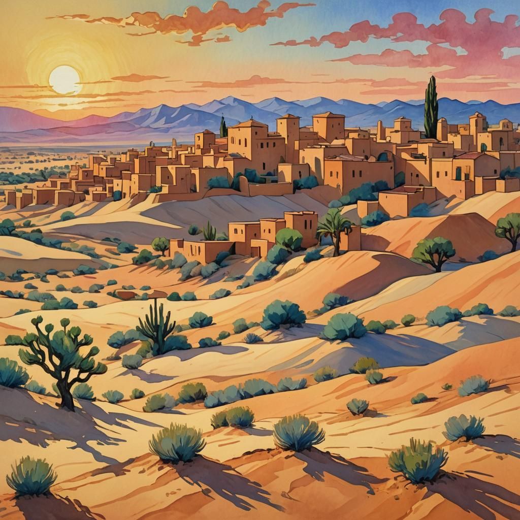 Gerudo Town Sunset: Impressionist Gouache Landscape