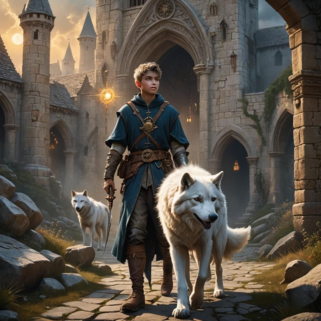 Medieval Boy and Wolf Adventure into the Unknown
