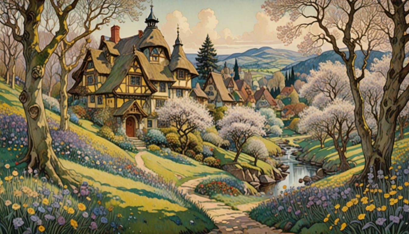 Radiant Spring Landscape in Art Nouveau Style