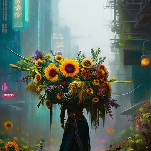 Cyberpunk Samurai Warrior with Wildflower Arrangement