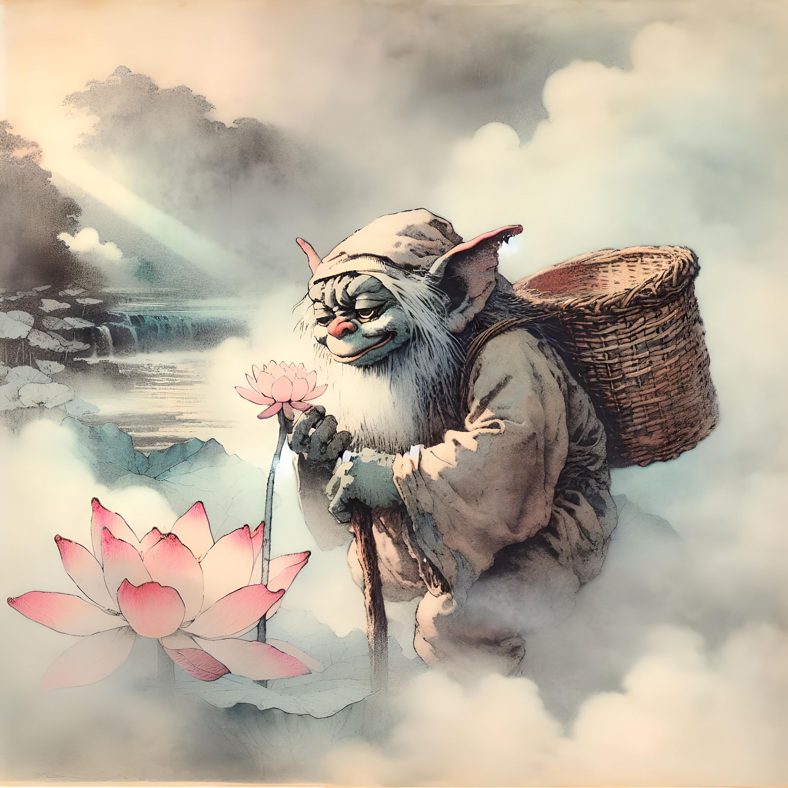 Gremlin Chatting with Lotus in Ukiyo-e Style