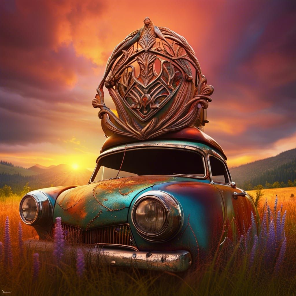 Ornate Hood Ornament on Rusted Car at Sunset
