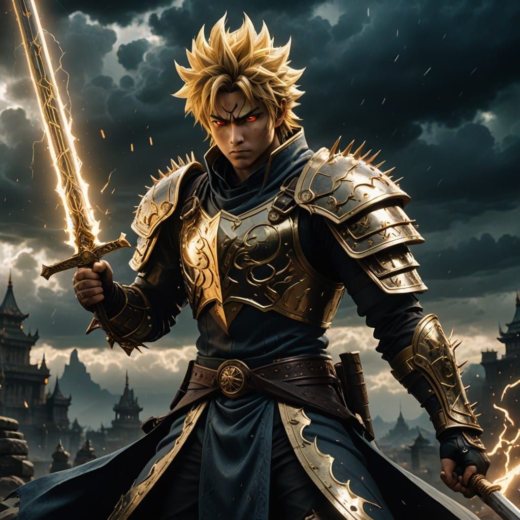 Anime Warrior in Regal Battle Outfit with Golden Runes and G...