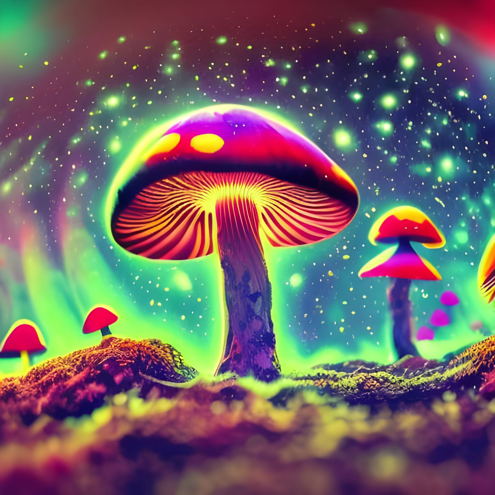 Cosmic Neon Mushrooms in Psychedelic 3D Rendering