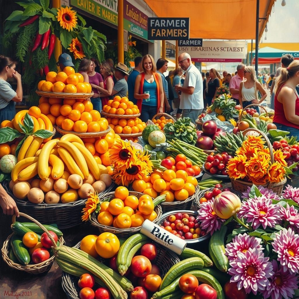 Farmers' Market Scene in Impasto Oil Painting Style