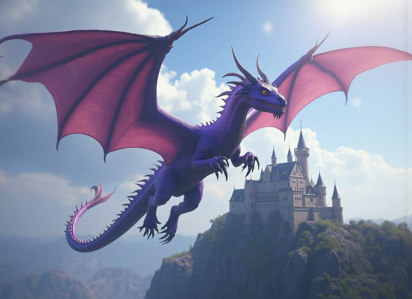 Realistic Purple Dragon Flies Towards Castle in Sunny Weathe...
