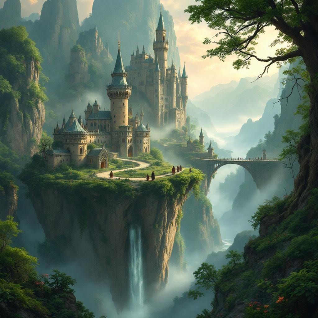 Floating Castles in Emerald Fantasy Landscape