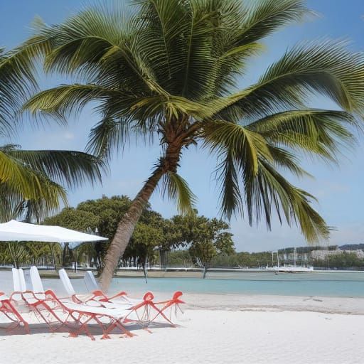 Sunny Beach Scene with Sailboat and Palm Trees