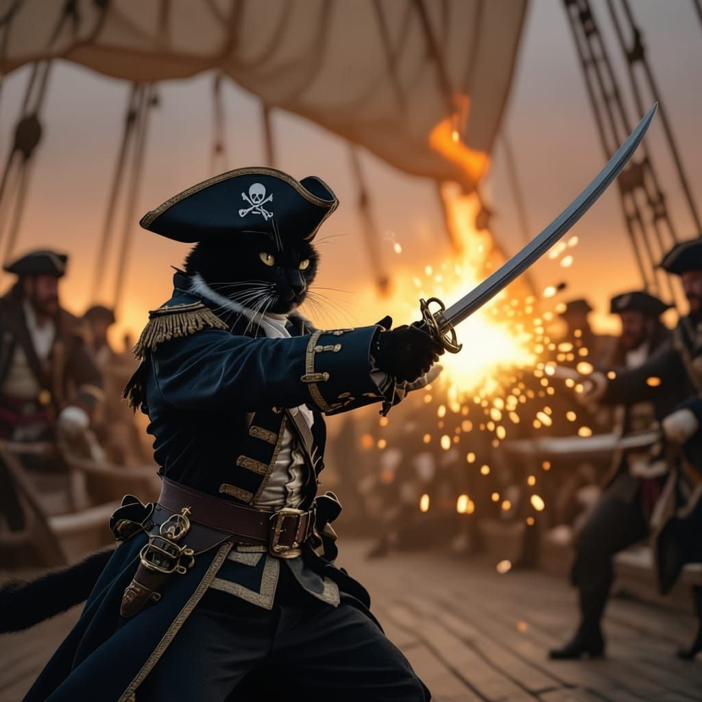 Black Cat Pirate Captain Fights on Ship Deck