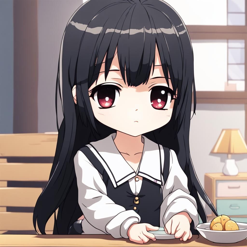 Chibi Black-Haired Girl in Anime Style, 4K