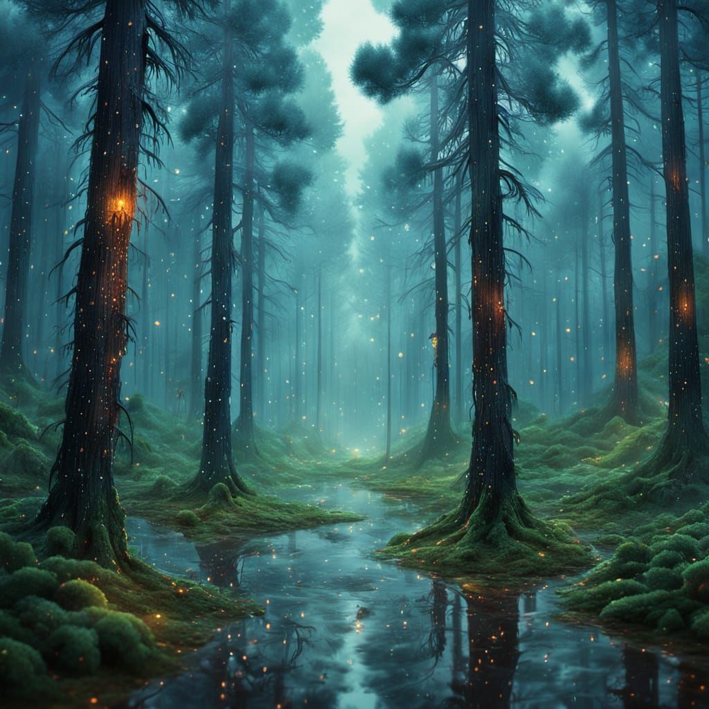 Surreal Forest Scene: Pine Trees Weep Manna Rain