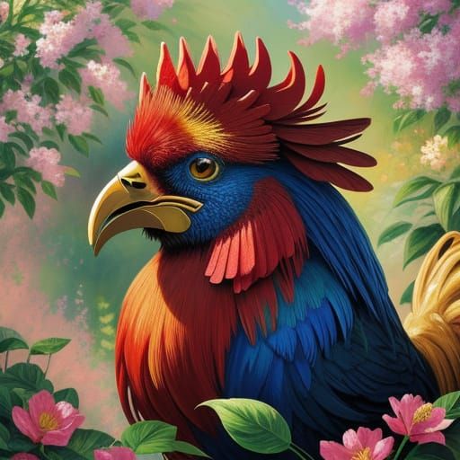 Impressionist Rooster in a Vibrant Garden