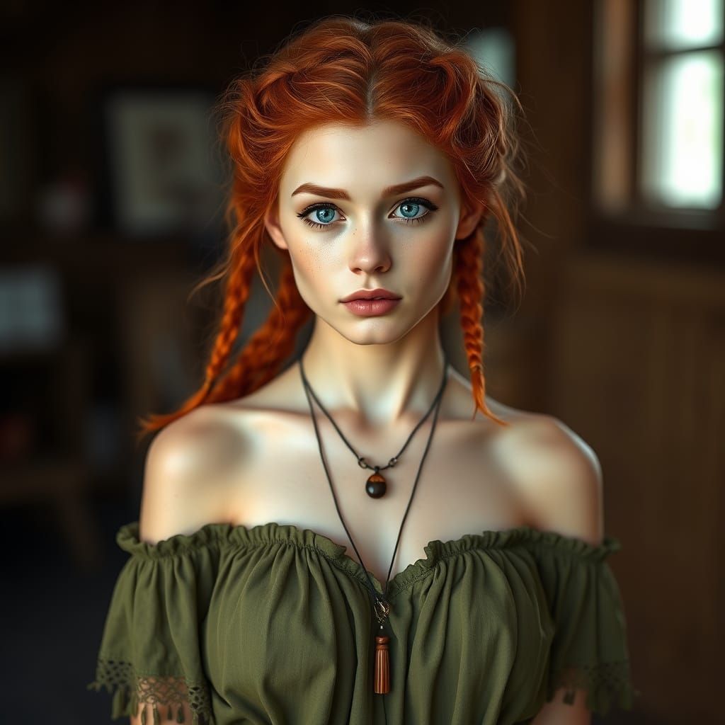 Whimsical Portrait of a Young Woman in Olive Green