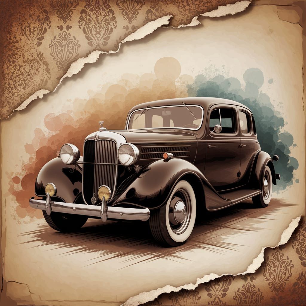 Antique Car in Dreamy Mixed Media Watercolor