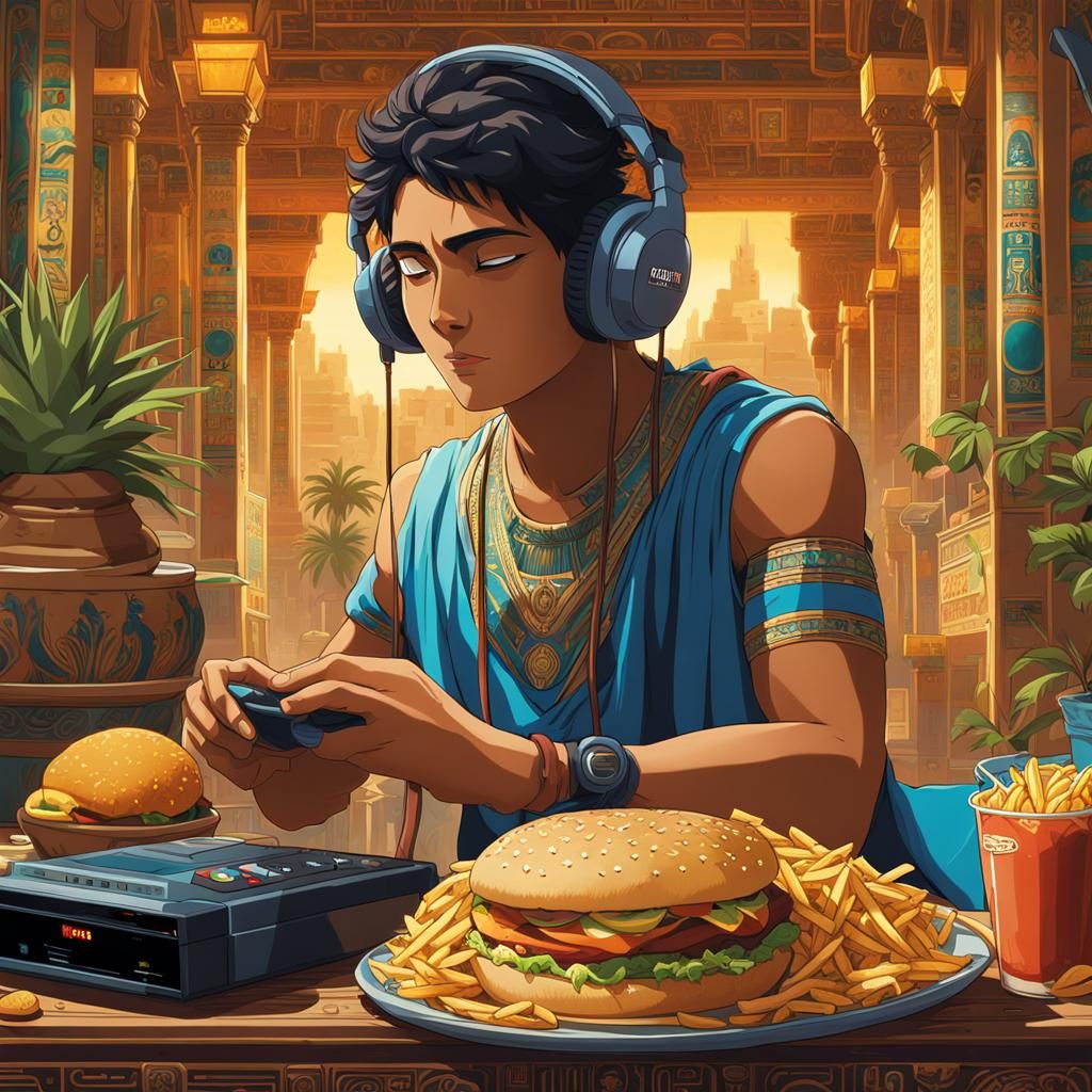 Egyptian Pharaoh Plays Console in Anime Style