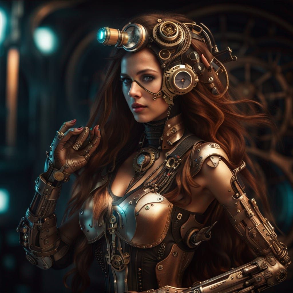 Steampunk Cybernetic Woman Holding Futuristic Weapon