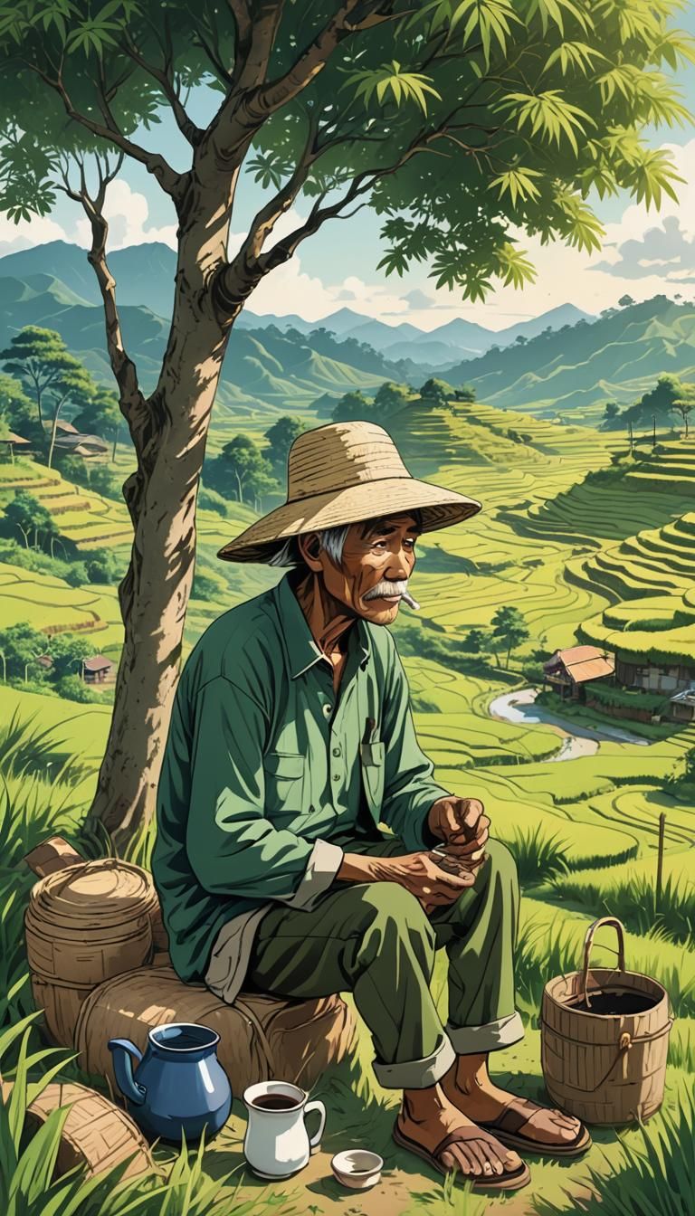 Indonesian Farmer Resting in Anime Style Illustration