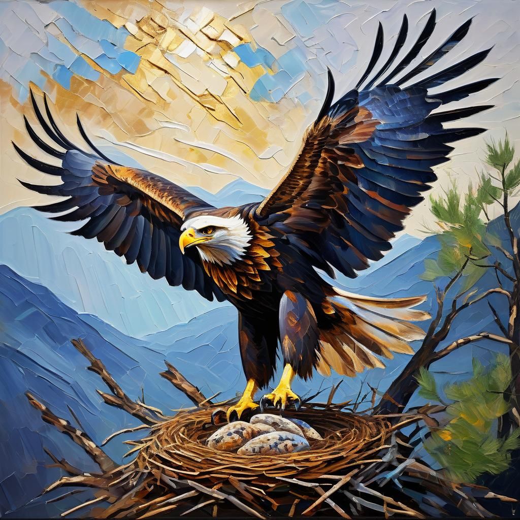 Golden Eagle on Nest: Neo-Impressionist Oil Painting