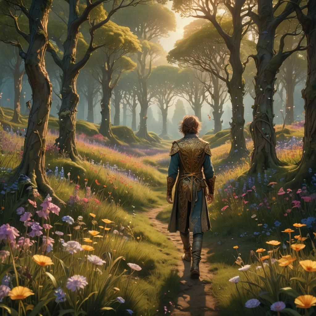 Lush Meadow Walk in Art Nouveau Style