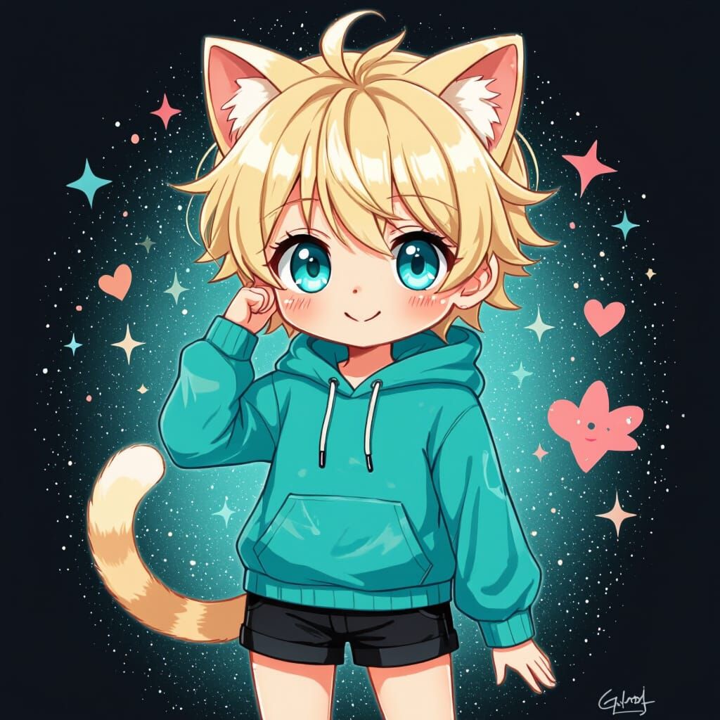 Cute Blonde Catboy in Chibi Style
